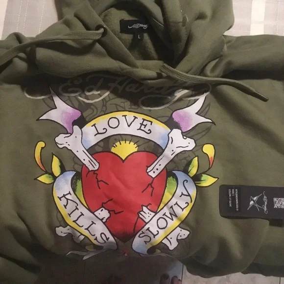 🌹2X HOST PICK🌹 ED HARDY “LOVE KILLS SLOWLY” GREEN PULL OVER HOODIE/NWT/SZ L - Picture 7 of 15
